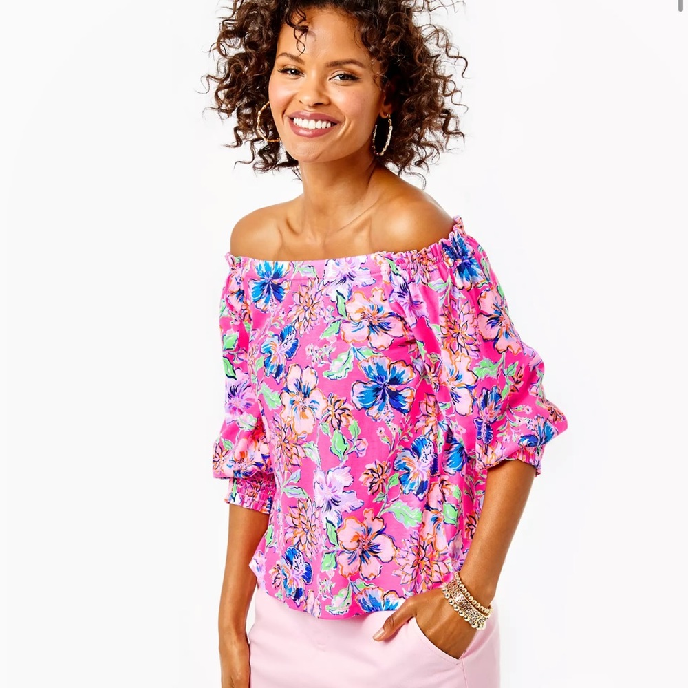 EUC Lilly Pulitzer Pink Floral Off-Shoulder Blouse NO TAG